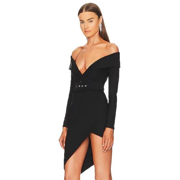 Michael Costello x Revolve Marci Dress black stretch mini off shoulder belted S - Picture 3 of 9